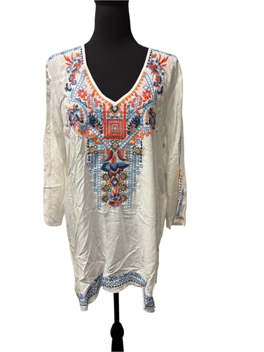 Solitaire White Embroidered Boho Tunic Top Blue Orange Festival XL Size